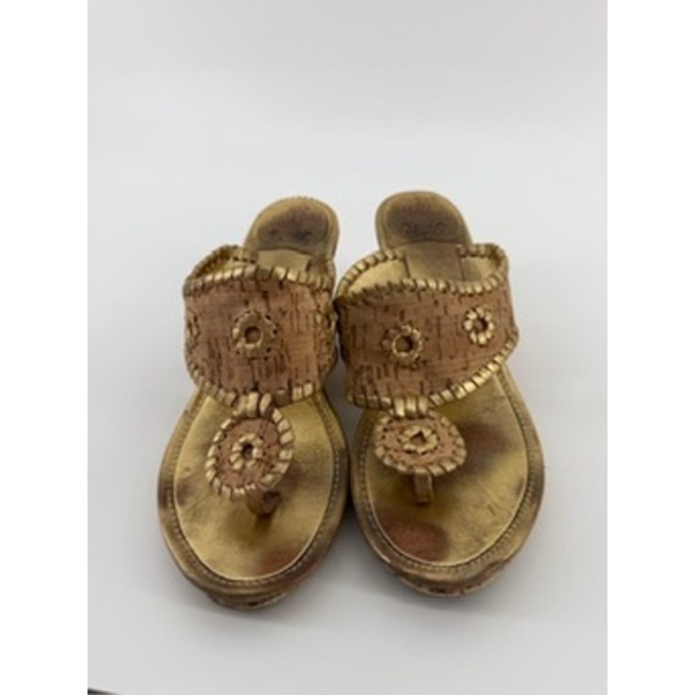 Jack Rogers Cork Wedge Sandals Gold Whipstitch Thong Slides Womens 7M